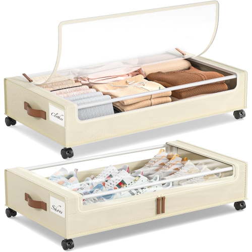LazySpin 2-Pack Under Bed Storage Container Bins with Wheels, Beige
