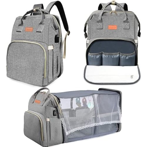 Diaper Bag Backpack, Diaper Dag with changing station, Multi-functional Travel Bag, Waterproof Diaper Bag, Baby Diaper Bag, Baby Bag for Boys and Girls, Gray