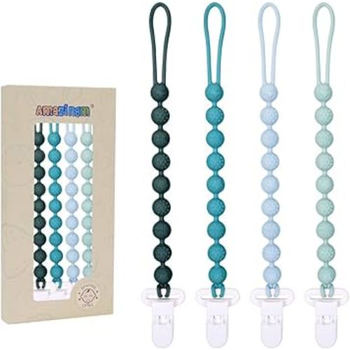 One Piece Design Silicone Pacifier Clip Holder,Pack of 4 Flexible Paci Leash,Binky Clips with Textures for Baby Boys and Girls,Newborn Essential (Green)