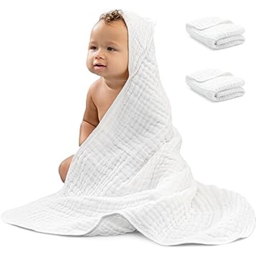 Comfy Cubs 2 Pack Baby Hooded Muslin Cotton Towel for Kids, Large 32” x 32”, Ultra Soft, Warm, and Absorbent. Baby Essentials Bath Towels, Cute Unisex Cover for Girls and Boys (2 Pack, White)