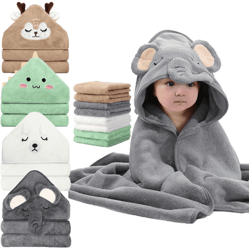 12 PCS Baby Bath Towels Set for Newborn Toddlers, 4 PCS Hooded Baby Towels & 8 PCS Washcloths, Ultra Absorbent Newborn Bath Essentials Gift for Boys & Girls