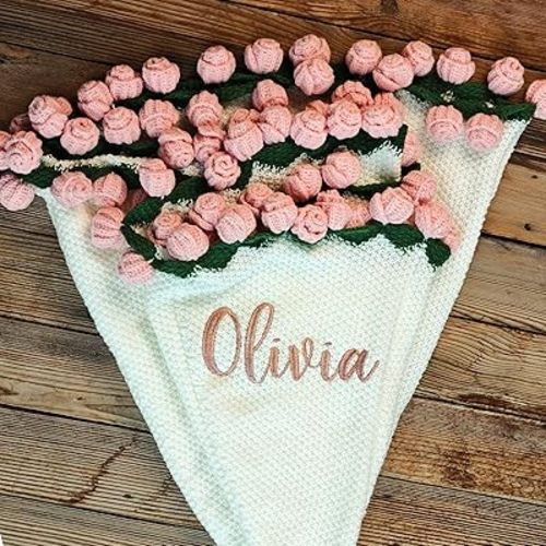 Artiglow Rose Flower Blanket with Embroidered Name, Personalized Pink Crochet Bouquet Throw Blanket for Women, Custom Christmas Valentine's Day Gift for Girlfriend, Birthday for Mom