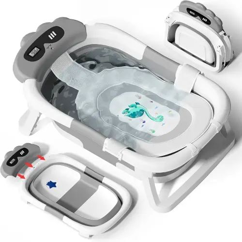 AVIDOR Baby Bathtub,Collapsible Bathtub for Newborn to Toddler,Durable Essential Infant Bath Tub,Portable Travel Baby Tub with Soft Bath Net,No-Slip Feet and Dinosaur Shaped (Grey)