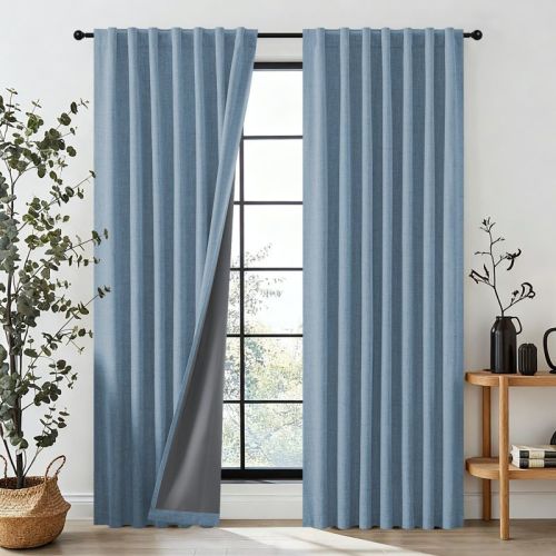 JoyDeco 52" x 108" Sky Blue Thermal Insulataed Faux Linen Textured 100% Blackout Curtains for Bedroom Rod Pocket & Back Tabs (Set of 2)