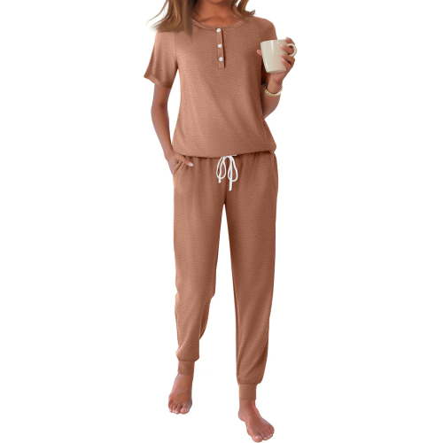 Fantaslook Women's Pajama Sets, Short Sleeve Henley Top and Drawstring Pants, Summer Loungewear