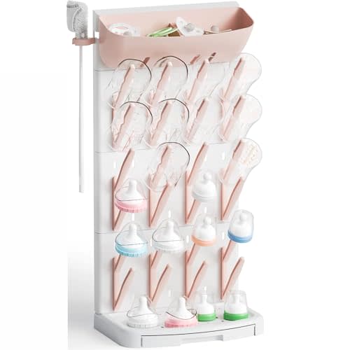 SuoXing Vertical Baby Bottle Drying Rack with Brush- Hold 24 Bottles - Large Breast Pump,Bottle Dryer Rack for Kitchen Countertop,Space Saving Bottle Stand Holder for Pacifiers,Pump Accessories,Pink