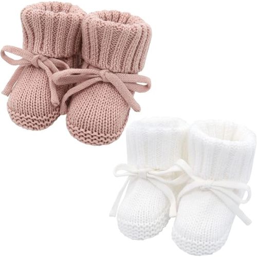 LifeTree Baby Knit Booties-2 Pairs, Cozy Cotton Handmade Crochet Baby Shoes, Newborn Winter Booties 0-6 Months for Boys & Girls, Warm Soft Baby Infant Socks