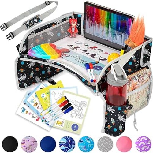PILLANI Kids Travel Tray for Car - Car Seat Tray for Toddler, Roadtrip Essentials, Carseat Table Tray for Kids Road Trip Activities - Toddler Lap Desk Organizer for Airplane w/Dry Erase Surface