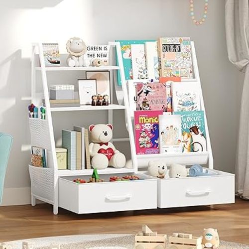 Kids Bookshelf and Toy Storage,3-Tier Sling Bookcase for Kids,Sturdy Toddler Bookshelf for Nursery,Playroom, Bedroom,White KBWT8401