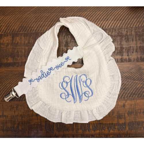Personalized Baby Bib & Pacifier Clip Set | Monogrammed Muslin Bib with Name Pacifier Holder | Baby Shower Gift | Newborn Keepsake