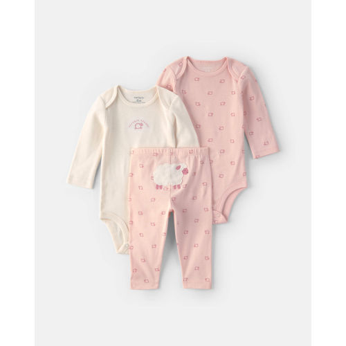 Baby Girl 3-Piece Sheep Long-Sleeve Bodysuit & Pant Set - Pink/Cream