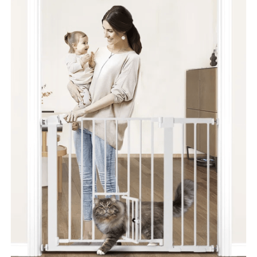 Babelio Baby Gate with Adjustable Cat Door,29-43" Auto Close Durable Pet door for Stairs,Doorways and House,Pressure Mounted,Easy Install,Effortless Walk Thru,White