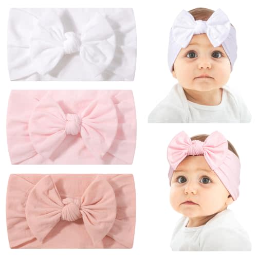 jollybows 3pcs Baby Girls Nylon Headbands Turban Hair Bows Pink+White | Hair Accessories for Baby Girls Newborn Infant Toddlers Kids - PINK & White