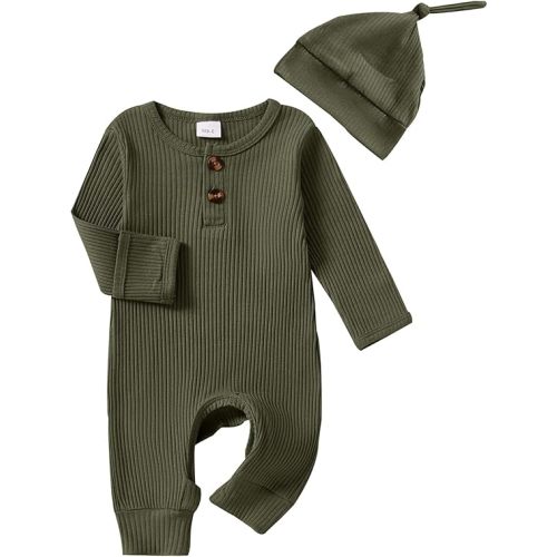 Infant Boys Girls Clothes Set Newborn Baby Romper Hat Ribbed Knit Long Sleeve Button Solid Bodysuit Jumpsuit