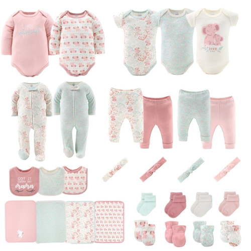 The Peanutshell Newborn Baby Shower Essentials, Pink Floral Elephant Layette Gift Set, 30-Piece Bundle, 0-3 Months
