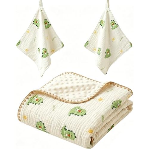 3-Piece Cotton Baby Blanket Set, 2 Baby Washcloths (Dinosaur)