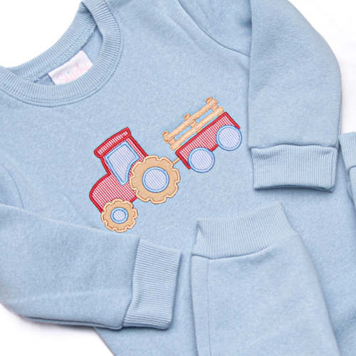 Tilling Tractors Applique Sweatshirt Romper, Blue – Stitchy Fish