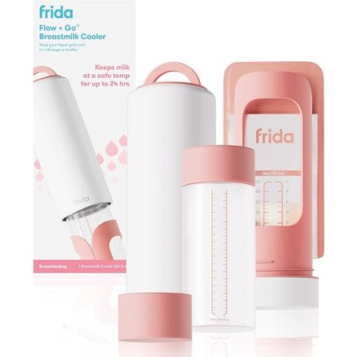 Frida Mom Flow + Go Breastmilk Cooler Bottle, 24hr Portable Breastmilk Cooler for Travel, Designed to Store Breastmilk Bags & Bottles, Includes 2 Ice Pucks & Carrying Handles, Lightweight, 20oz