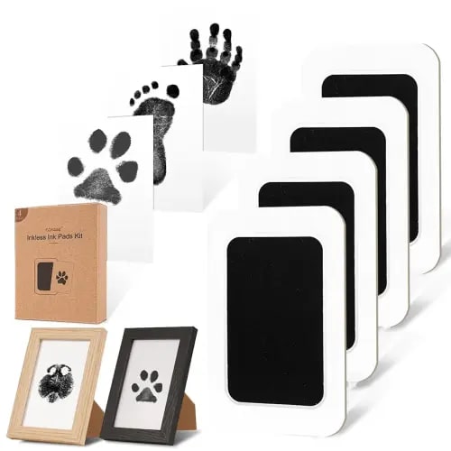 Inkless Paw Print Kit for Dogs,Cats & Babies – Clean Touch Dog Nose & Baby Handprint Kit, Mess-Free Ink Pad with 4 Pads & 2 Wooden Frames – Keepsake Gifts for Pet Owners & New Moms