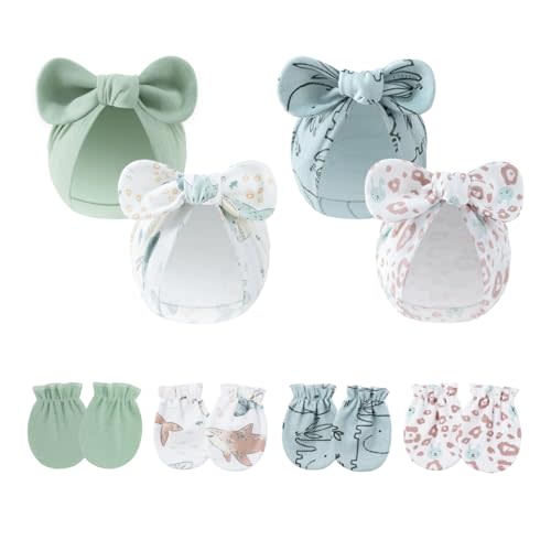LIDHAY 4PCS Newborn Baby Hospital Hats Beanie Bow Infant Caps Cotton Preemie Hats No Scratch Mittens Set for 0-1 Years Old