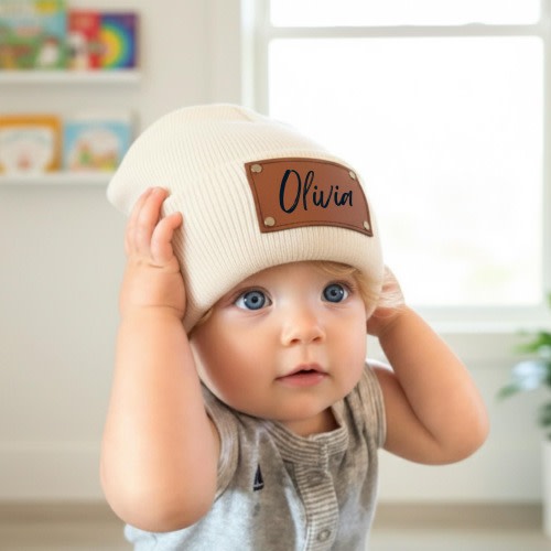 Baby Beanie, Personalized Name Toddler Winter Hat,Custom Engraved Leather Patch Beanie,Personalized Baby Christmas Gift for Newborn or Child