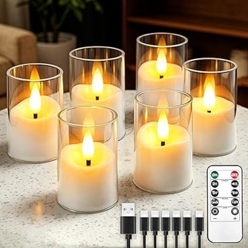 Rechargeable Flameless Candles with Timer Remote, 1.7"x2.6" Clear Acrylic LED Tea Lights Candles,Small Votive Electric LED Candles for Home Aniversary Wedding Holiday Decor(6 Pack)