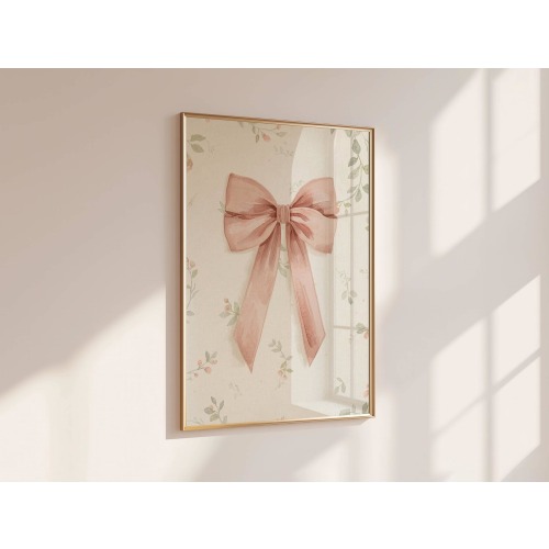 Soft Pink Bow Nursery Wall Art, Vintage Floral Girl Room Decor, Cottagecore Baby Print, Blush Ribbon Poster, Farmhouse Digital Download