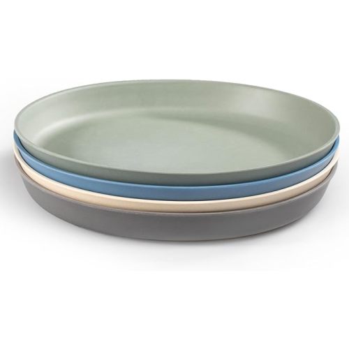 WeeSprout Bamboo Plates, Set of 4, Kid-Sized Dinnerware, Dishwasher Safe Melamine Dishware (Blue, Green, Gray, & Beige, Without Lids)
