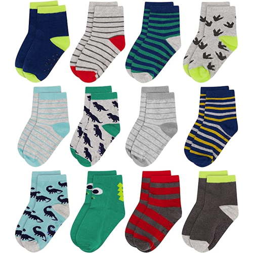 Rising Star Unisex Toddler Socks, Baby Boy Socks, 12 Pack with Grippers - Soft & Breathable Crew Kids Socks, Dinosaur Print