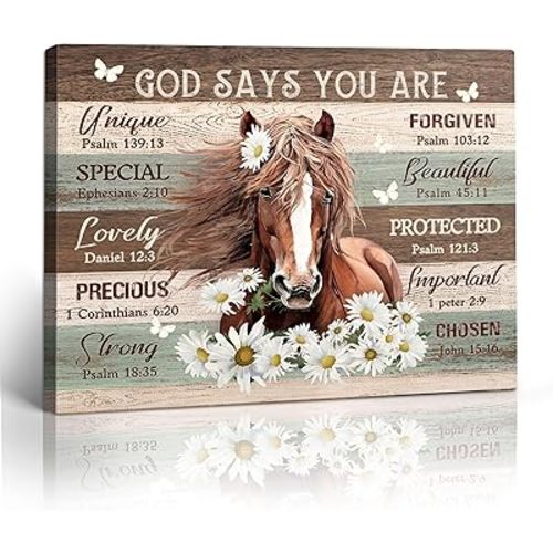 Motivational Horse Decor Wall Art For Girls Room Farmhouse Horse Daisy Wall Decor Western Bible Verse Animal Pictures Canvas Prints Painting Framed Modern Artwork For Bedroom Living Room 16"X20"