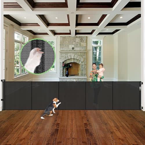 Reinforced 155" Extra Wide Baby Gate Retractable Dog Gate with Support Rods – Prevent Crawling Under, 13ft Retractable Baby Gates Long Gates for Kids or Pets Retractable Gate, Black