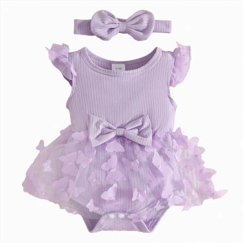 NIEWTR Baby Girl Dress Romper Baby Romper Dress Flowers Embroidery Tulle Skirt Infant Girl Summer Clothes with Headband(Light Purple,6-9 Months)