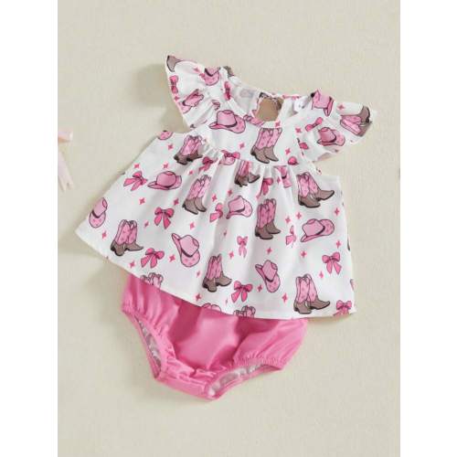 Baby Girl Summer Outfits Boots Cowgirl Hat Print Fly Sleeve Round Neck Tops Elastic Waist Shorts 2Pcs Clothes Set | SHEIN USA