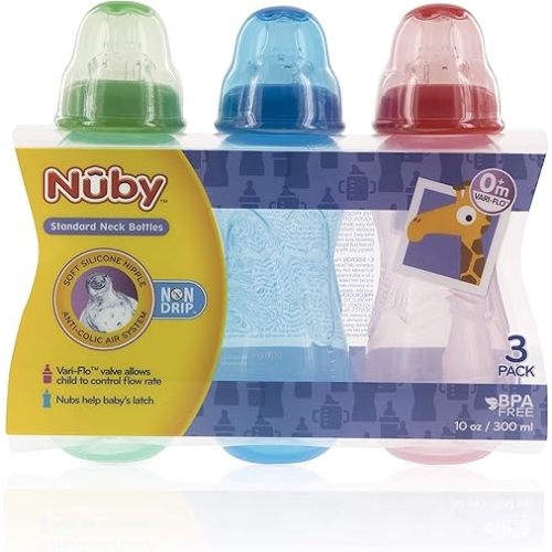 Nuby Non-Drip Standard Neck Bottles, 10 Ounce (Red/Blue/Green)