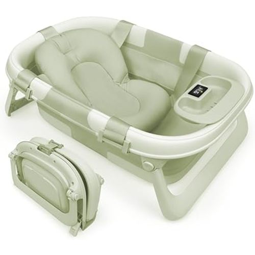 Jool Baby Fold ‘n Store Baby Bathtub – 3 Stage Collapsible Bather for Easy Storage, Portable for Travel – Built-in Thermometer (Sage)