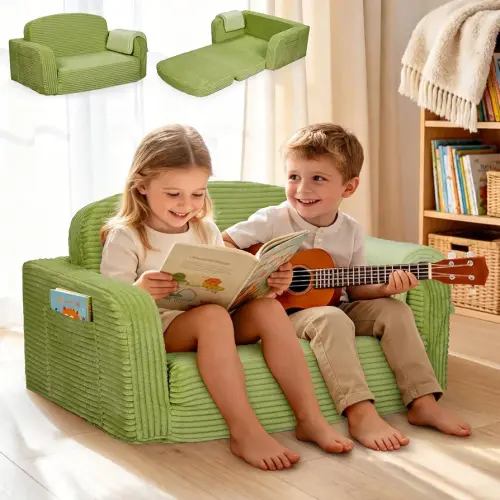Extra Wide 2-in-1 Convertible Kids Couch | Large Corduroy Toddler Sofa Chair with Storage Pocket & Blanket | Foldable Foam Play Couch| Machine Washable Cover, Non-Toxic, for Boys & Girls, Green