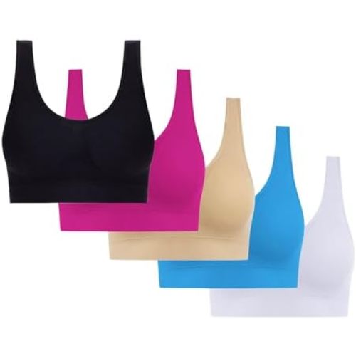 5 Pack Sports Bras for Women Seamless Wireless Workout Everyday Sleep Bra Comfortable & Breathable Removeable Pads
