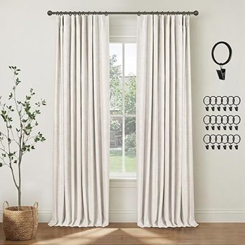 INOVADAY 100% Blackout Curtains for Bedroom, Black Out Curtains 96 Inch Long, Clip Rings Linen Blackout Drapes, Thermal Insulated Room Darkening for Living Room, 2 Panels - Beige,W50xL96