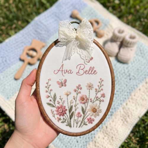 Custom Name Floral Embroidered Hoop, Personalized Baby Name Wall Hoop, Floral Nursery Name Sign, Newborn Sign Decor, Baby Shower Gift
