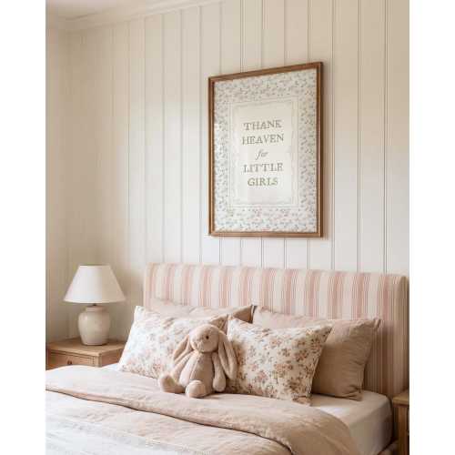 Thank Heaven for Little Girls Nursery Wall Art, Farmhouse Girl's Room Decor Print, Pale/Sage Green Floral Poster, Vintage Cottagecore Quote