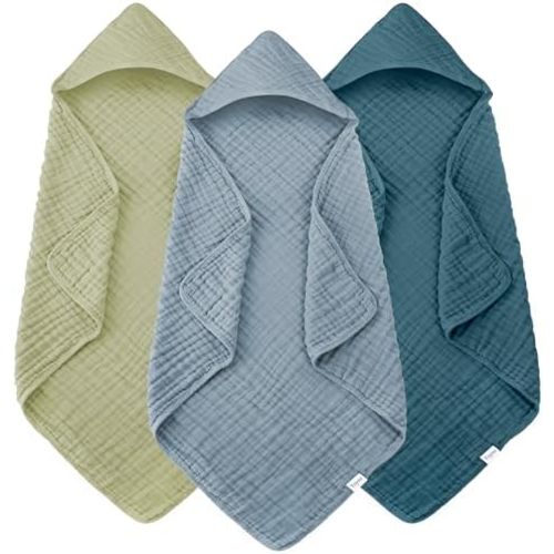 Muslin Hooded Baby Bath Towels - 3 Pack 100% Cotton Ultra-Soft Towels for Newborns, Infants, Toddlers - 32x32 Inch - Highly Absorbent, Quick-Dry Essentials for Bath, Beach, Pool, Green Blue Series