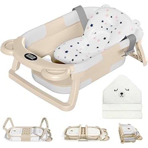 MoreFeel Collapsible Baby Bathtub for Newborn with Thermometer & 1 Hooded Towel & 1 Soft Floating Cushion,Portable Travel Bathtub with Drain Hole, Durable Foldable Baby Tubs for Infants to Toddler