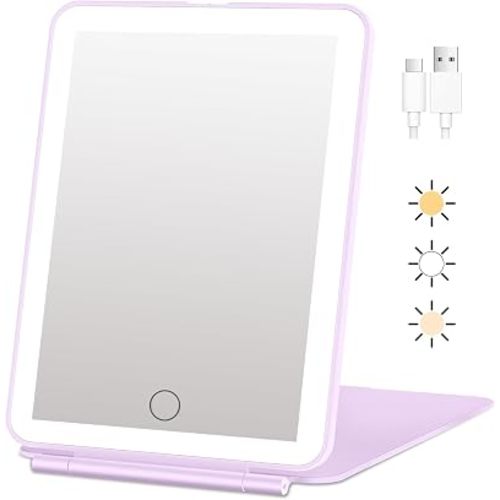FUNTOUCH Rechargeable Travel Makeup Mirror Lights, Portable 72 Led Lighted Makeup Mirror, 3 Color Lighting, Dimmable Touch Screen, Type C, Tabletop LED Folding Cosmetic Vanity Mirror-Purple