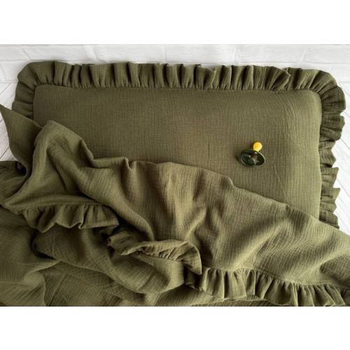 Organic Muslin Crib Bedding Set: Moss Green Ruffle Duvet Cover