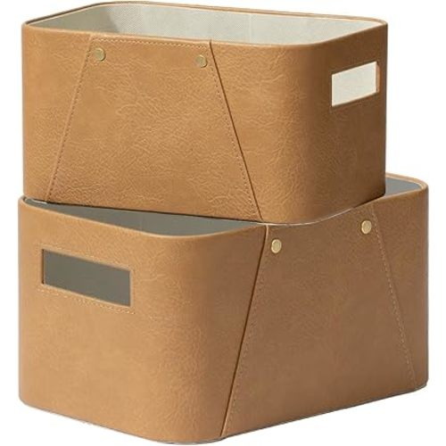 La Jolie Maison Storage Baskets for Organizing, 2 Pack, Storage Cube Boxes Luxury Brown Vegan Leather for Closet Shelf Cabinet Bookcase Camel