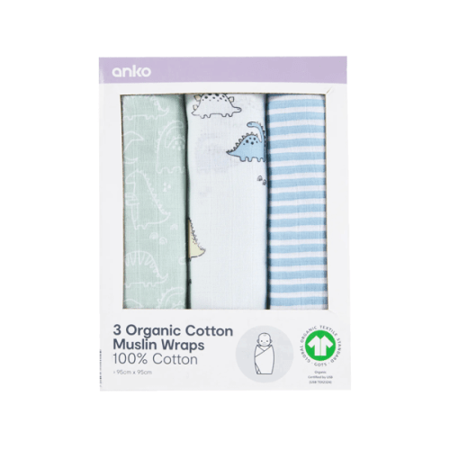 Anko 3 Pack Organic Cotton Muslin Wraps- Dino