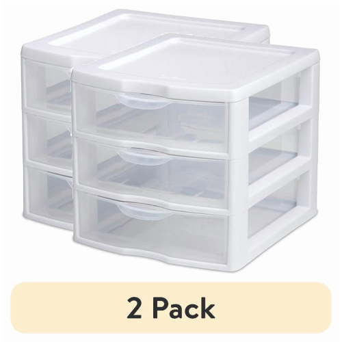 (2 pack) Sterilite Small 3 Drawer Storage Unit, Countertop and Desktop Organizer with Clear Drawers, White