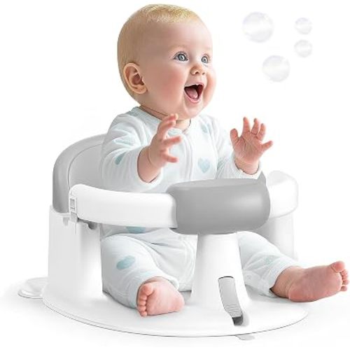 Baby Bath Seat for Babies Sitting Up, Non-Slip Baby Bath Chair with Strong Suction Cups, Lockable Armrest & High Back 360° Safety Support, Ideal for Active Toddlers 6-24 Months, Grey