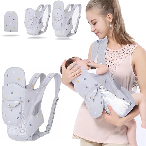 4-in-1 Baby Carrier Newborn to Toddler, Soft Baby Wrap Carrier for Newborn,Shoulder Strap Grid Breathable Infant Sling,Carrier Toddler Carrier Baby Wraps Carrier forGirl and Boy 8-45 lbs（Grey）