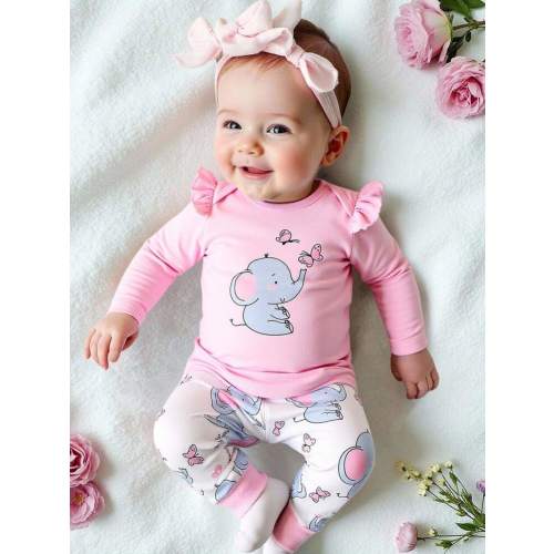 SHEIN Playful Pals Infant Girls 2pcs Casual Cute Elephant Print Lapel Long Sleeve Bodysuit And Contrast Color Long Pants Set, Spring & Autumn Baby Girl Two Pieces Set Baby Girl Long Sleeve Set Baby Girl Clothes Elephant Fall Winter | SHEIN USA